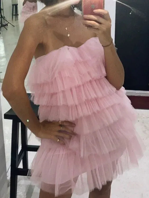 Fluffy A-Line Strapless Sweetheart Multi-Layer-Tulle Ruffle Mini Homecoming Dress
