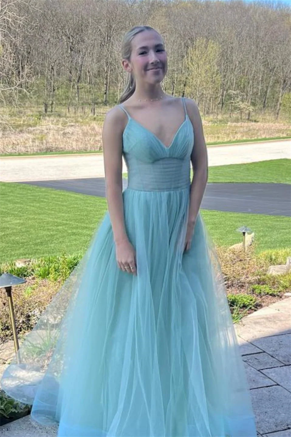 Fresh A-Line Deep V-Neck Adjustable Spaghetti-Strap Ruched-Bodice Airy Tulle Floor-Length Prom Dress
