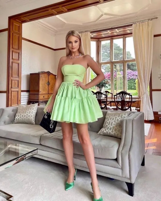 Fresh Strapless High Waist Tiered Ruffle Green Mini Homecoming Dress