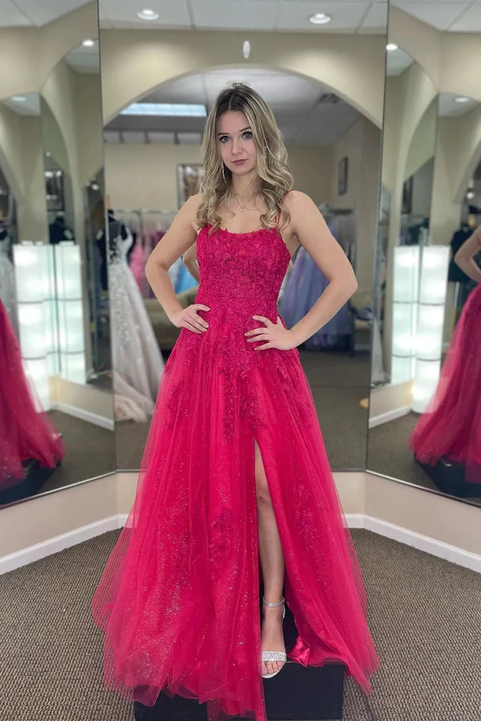 Fuchsia A-Linie Tüll U-Ausschnitt Applikation Schlitz Langes Ballkleid