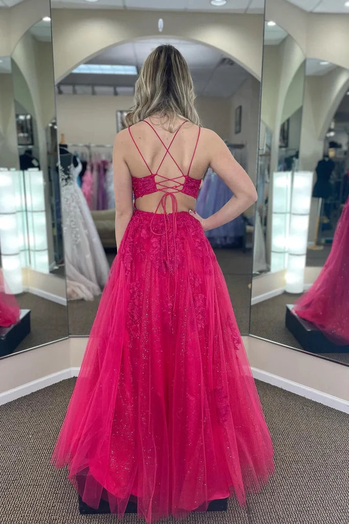 Fuchsia A-Linie Tüll U-Ausschnitt Applikation Schlitz Langes Ballkleid