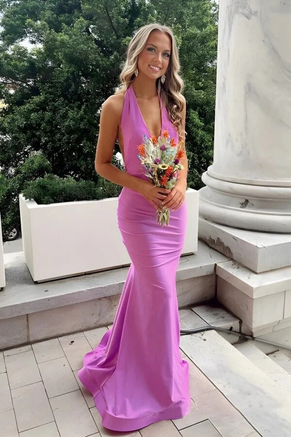 Fuchsia Halter Neck Open-Back Ruched Satin Mermaid Maxi Dress with Train