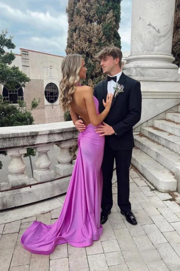 Fuchsia Halter Neck Open-Back Ruched Satin Mermaid Maxi Dress with Train