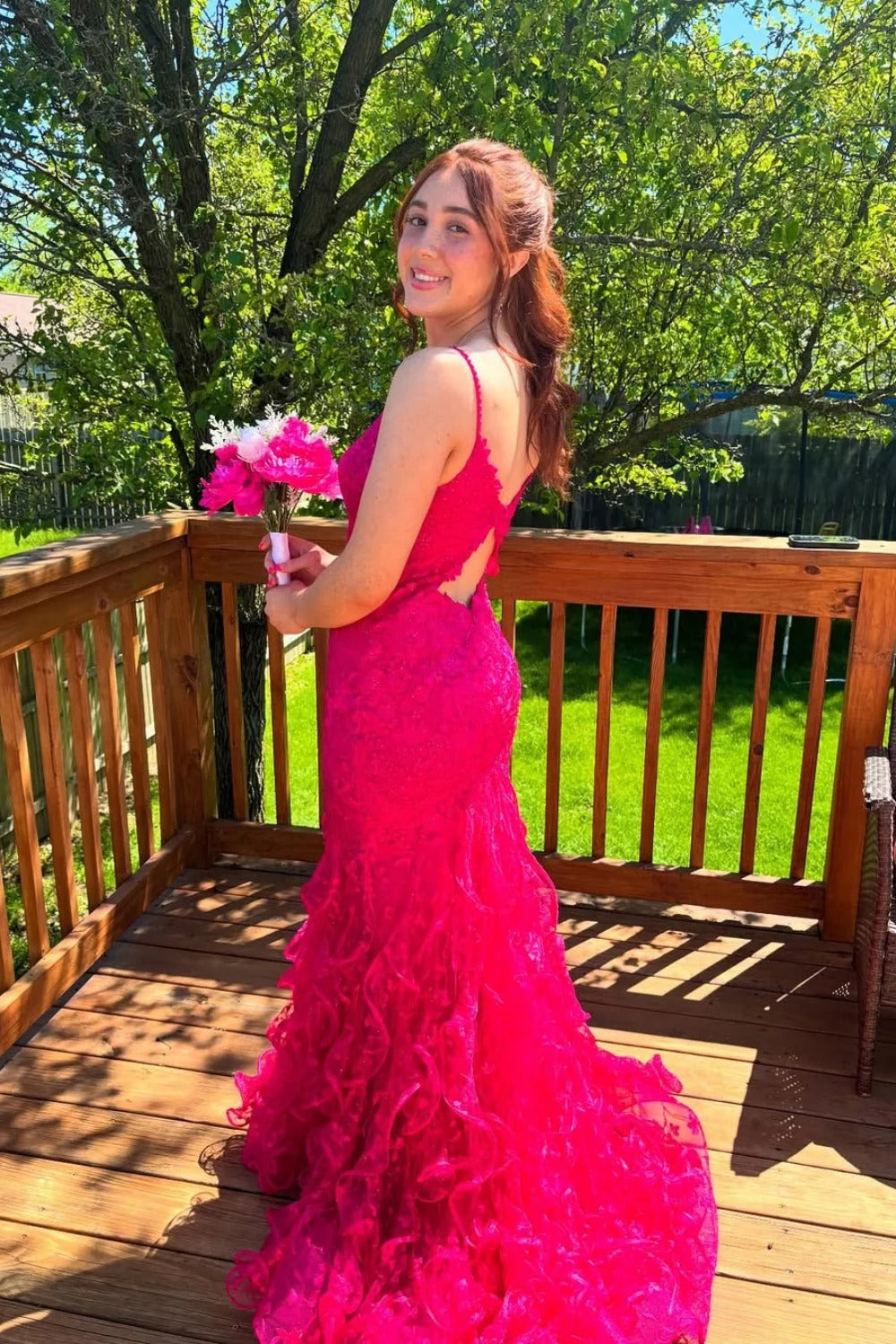Fuchsia Lace Ruffled Mermaid Gown – Spaghetti Strap V-Neck Prom Dress with Train