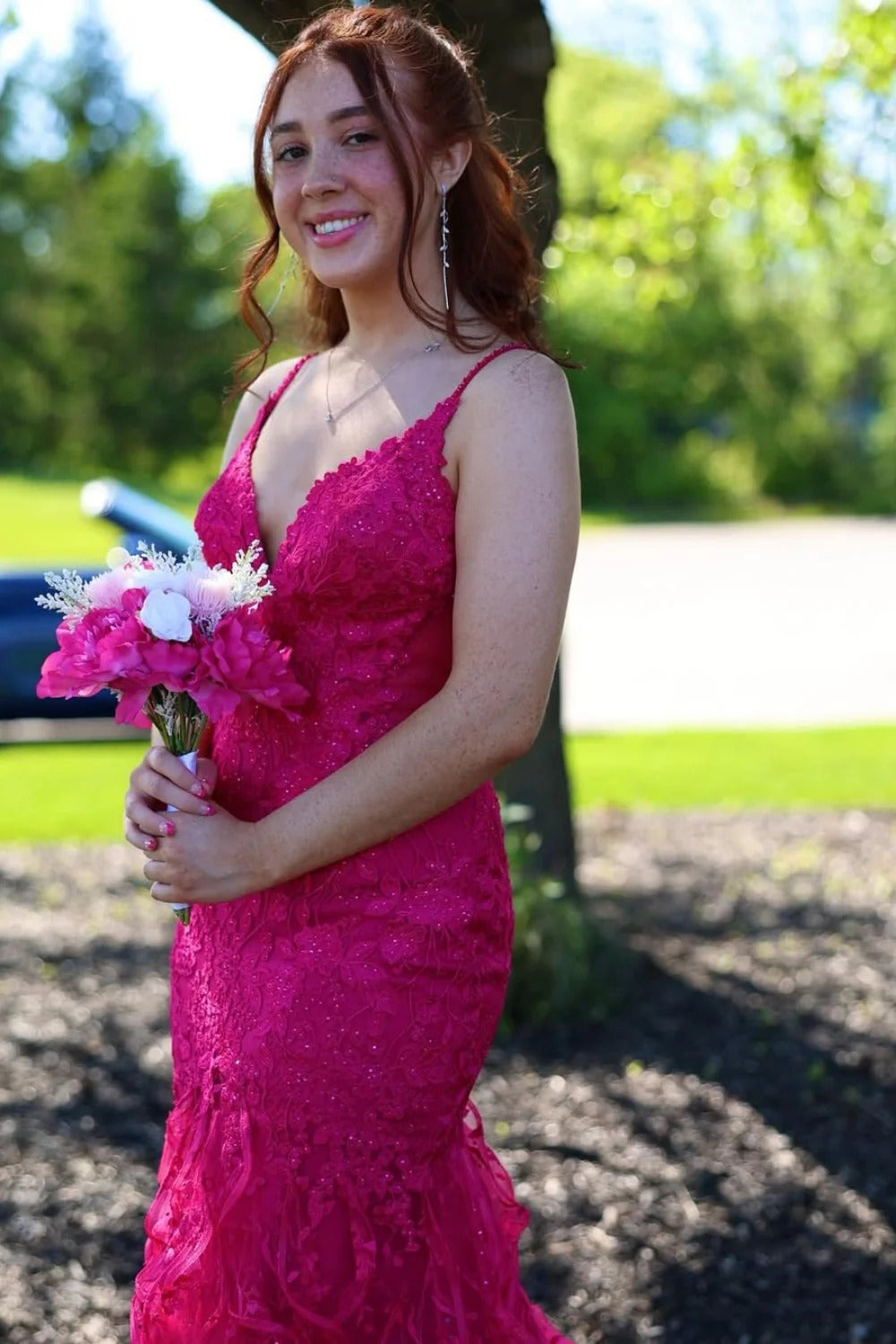 Fuchsia Lace Ruffled Mermaid Gown – Spaghetti Strap V-Neck Prom Dress with Train