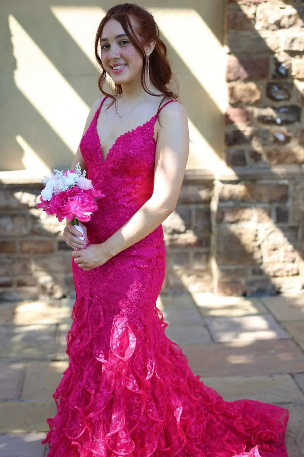 Fuchsia Lace Ruffled Mermaid Gown – Spaghetti Strap V-Neck Prom Dress with Train