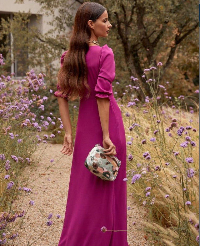 Fuchsia Puff Sleeve Prom Dresses V-Neck Button High Slit Maxi Formal Evening Gown