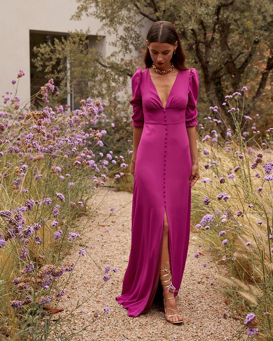 Fuchsia Puff Sleeve Prom Dresses V-Neck Button High Slit Maxi Formal Evening Gown