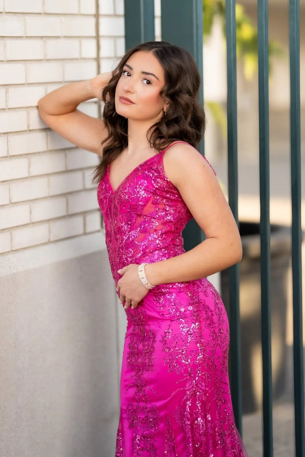 Fuchsia Sequin Floral Mermaid Gown – Spaghetti Strap V-Neck Prom Dress with Train