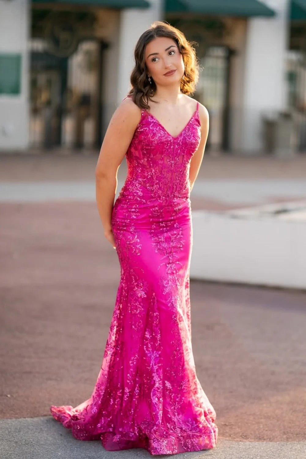 Fuchsia Sequin Floral Mermaid Gown – Spaghetti Strap V-Neck Prom Dress with Train