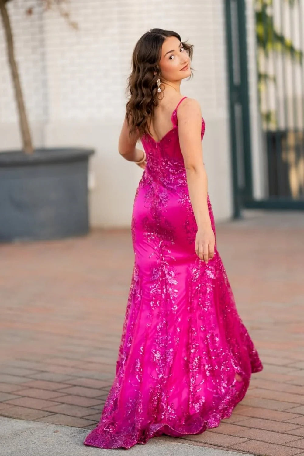 Fuchsia Sequin Floral Mermaid Gown – Spaghetti Strap V-Neck Prom Dress with Train