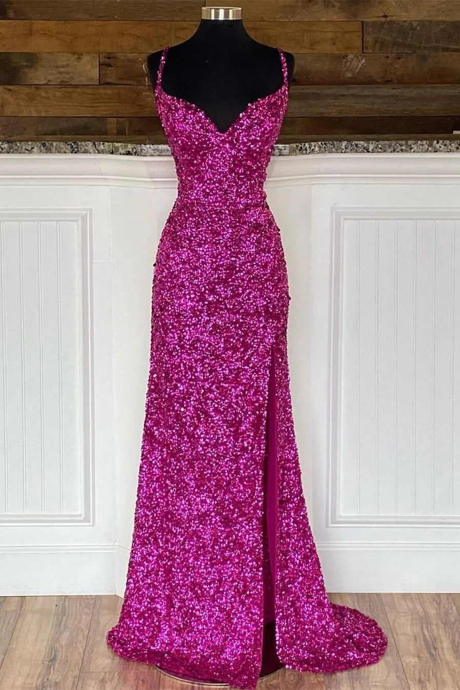 Fuchsia Sequin Mermaid Gown – Spaghetti Strap V-Neck Prom Dress with Slit and Train