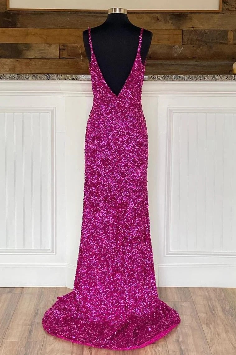 Fuchsia Sequin Mermaid Gown – Spaghetti Strap V-Neck Prom Dress with Slit and Train