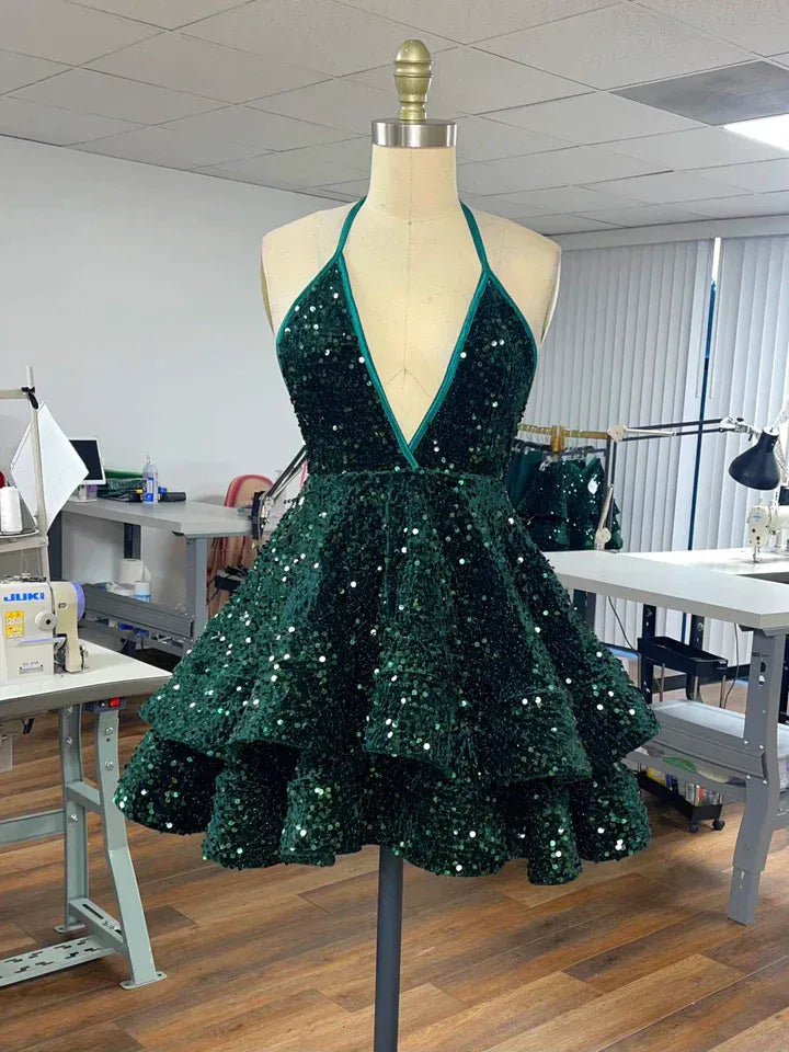 Glam A-Line Halter-Neck Plunge-Bodice Tiered-Sequin Mini Prom Dress