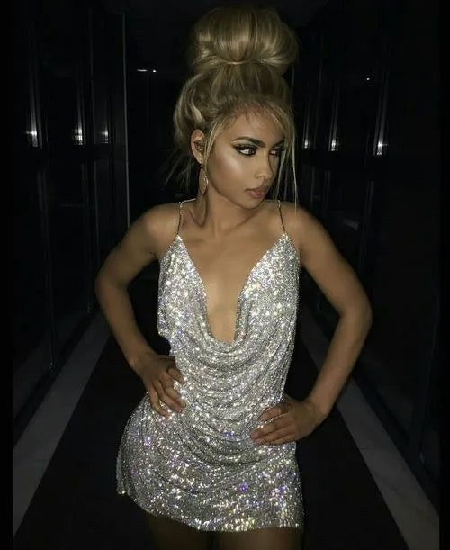 Glam Sheath Cowl-Neck Thin-Rhinestone-Strap Open-Back Split-Sequin Mini Homecoming Dress