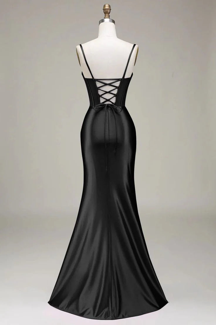 Glam black satin prom dress with spaghetti straps, cowl neck, lace-up back, high slit, and mermaid skirt
