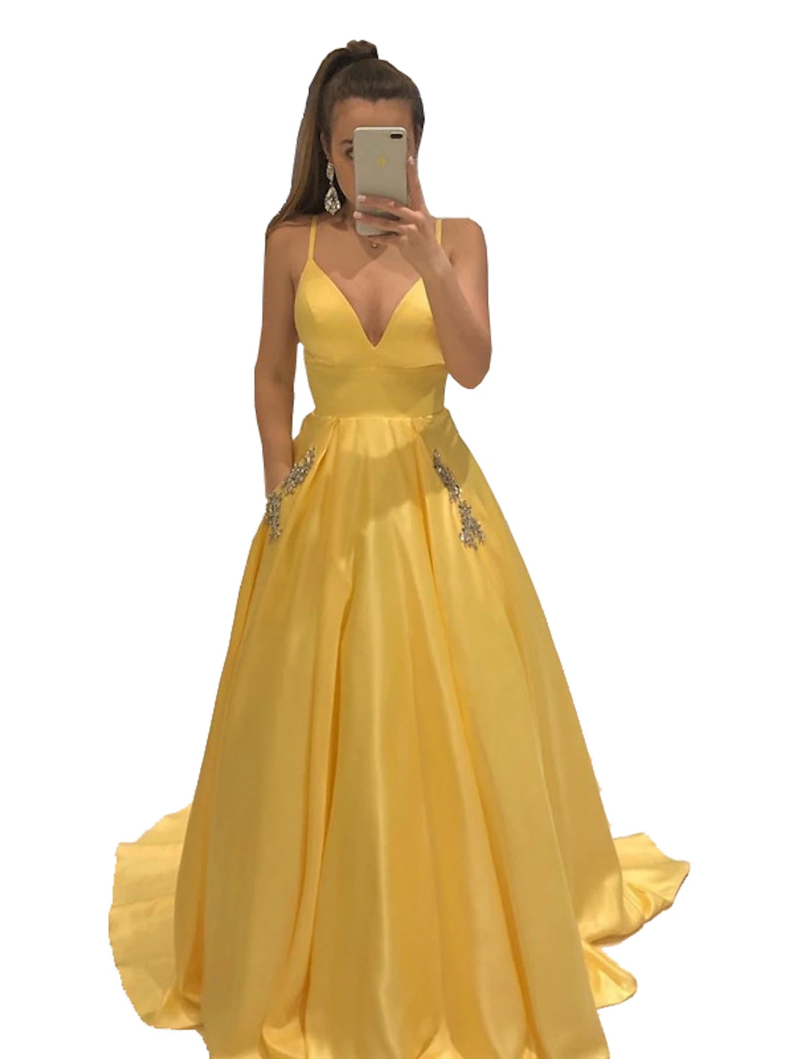 Back view of the A-Line satin evening gown, showcasing the sweep train.