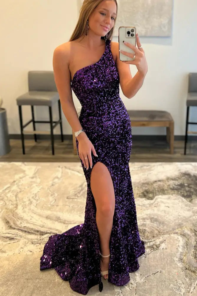 Glamorous Mermaid One Shoulder Sleeveless Open Back Slit Floor Length Prom Dress
