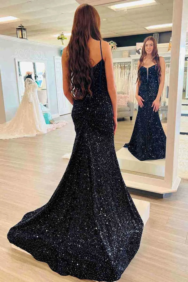 Glamorous Mermaid Plunging Spaghetti Straps Open Back Floor Length Prom Dress