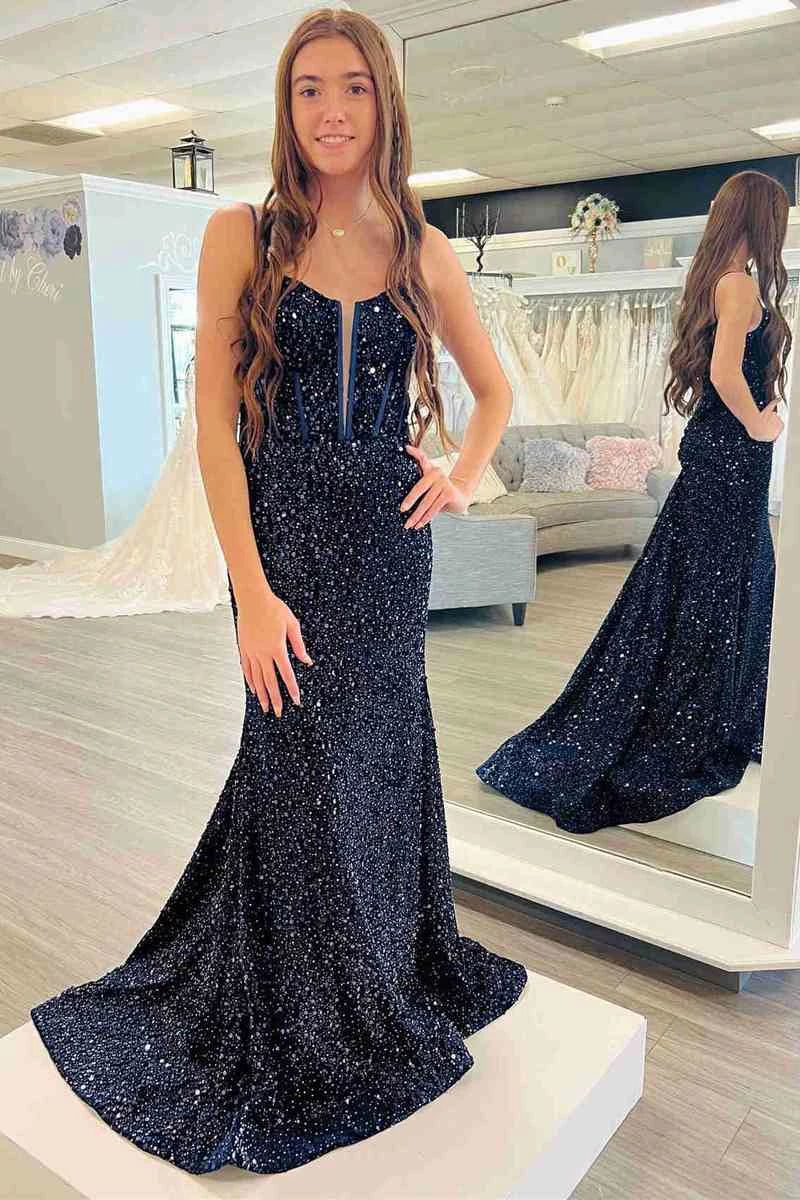 Glamorous Mermaid Plunging Spaghetti Straps Open Back Floor Length Prom Dress