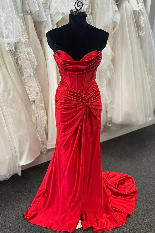 Glamorous Mermaid Strapless Draped Corset Knotted High-Slit Satin Floor-Length Prom Dress