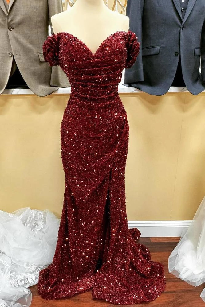 Glamorous Mermaid Sweetheart Off-the-Shoulder Open Back Slit Floor Length Prom Dress
