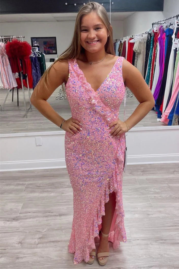 Glamorous Mermaid V-Neck Ruffle-Strap Side-Ruffle High-Slit Iridescent Sequin Floor-Length Prom Dress