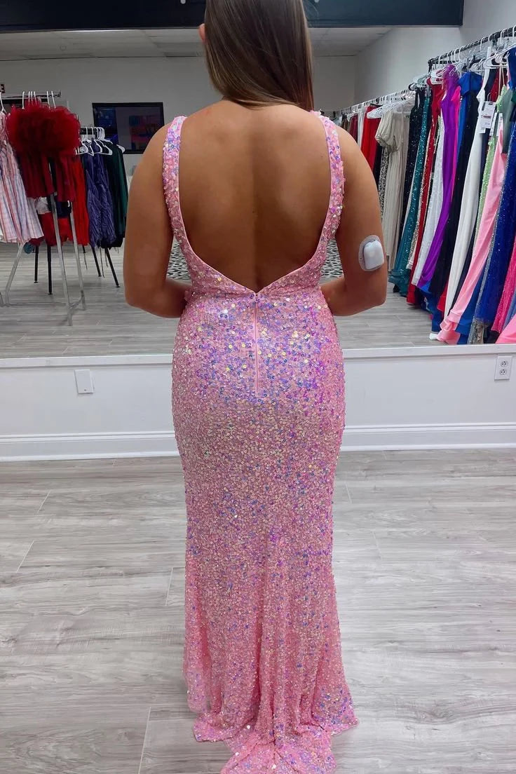 Glamorous Mermaid V-Neck Ruffle-Strap Side-Ruffle High-Slit Iridescent Sequin Floor-Length Prom Dress