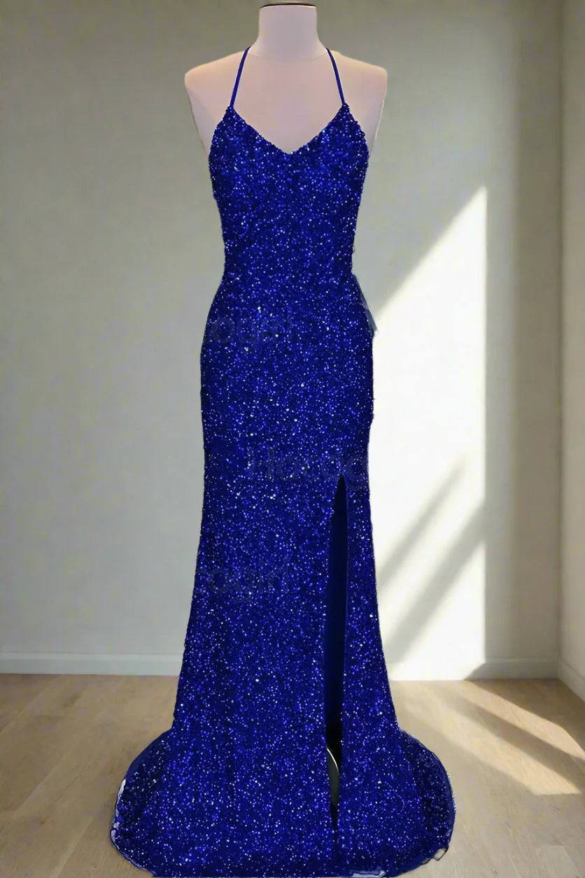 Glamorous Mermaid V Neck Spaghetti Straps Lace Up Back Slit Floor Length Prom Dress