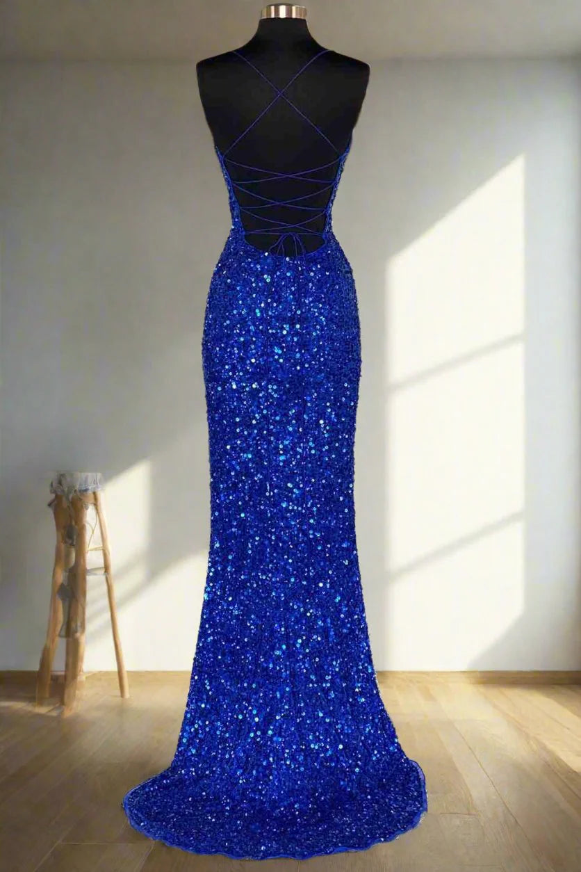 Glamorous Mermaid V Neck Spaghetti Straps Lace Up Back Slit Floor Length Prom Dress
