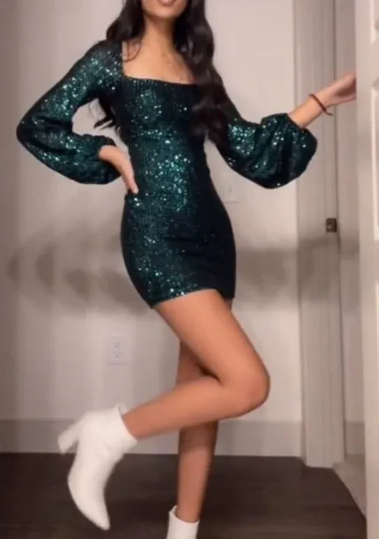 Glamorous Sheath Square-Neck Bishop-Puff-Sleeve All-Sequin Mini Homecoming Dress