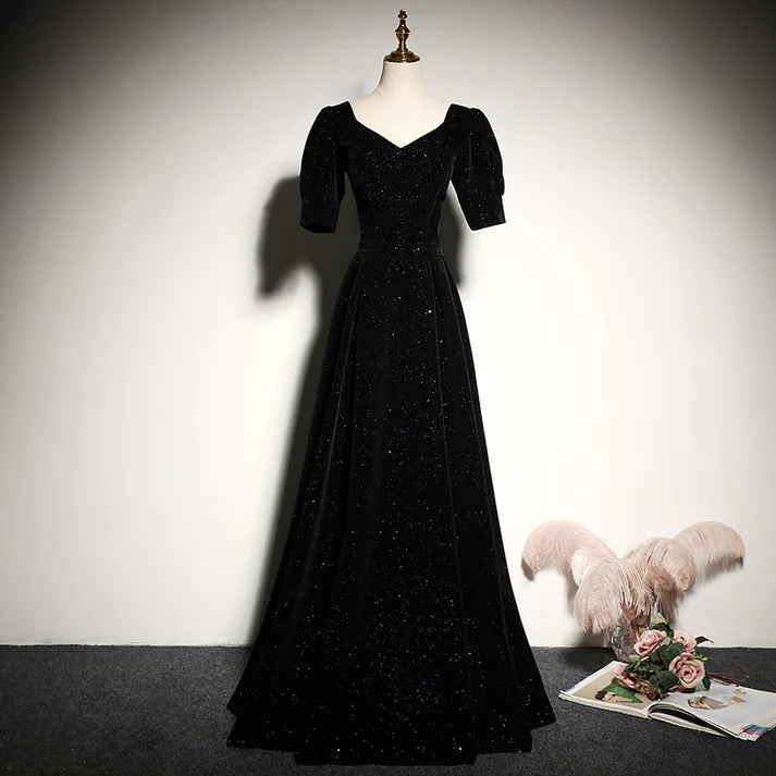 Glamorous Black Sweetheart Neck Puff Short Sleeve Glitter Velvet Lace-up Back A-line Floor-length Evening Dresses