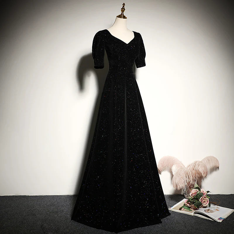 Glamorous Black Sweetheart Neck Puff Short Sleeve Glitter Velvet Lace-up Back A-line Floor-length Evening Dresses
