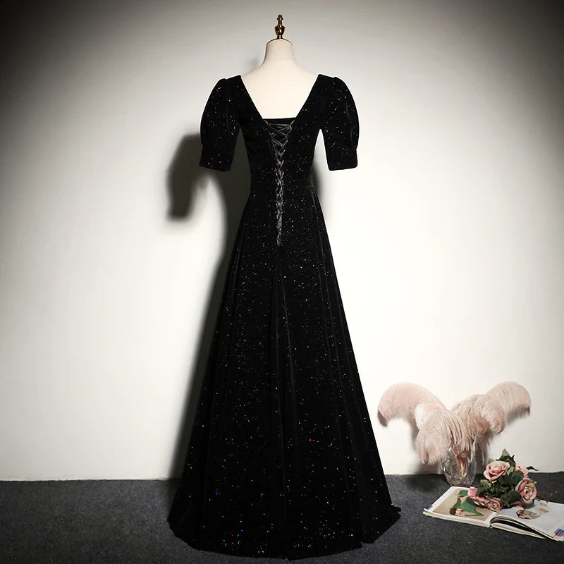 Glamorous Black Sweetheart Neck Puff Short Sleeve Glitter Velvet Lace-up Back A-line Floor-length Evening Dresses