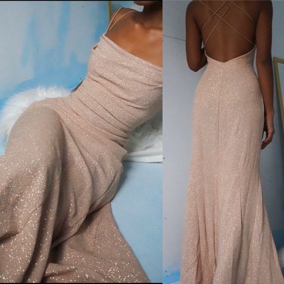 Glamorous Champagne Sequin Asymmetric Neck Crisscross Backless Mermaid Maxi Evening Dress for Formal Events