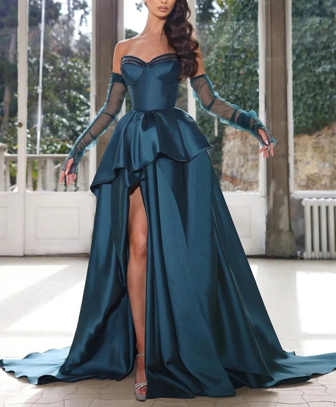 A-shaped/princess strapless half sleeved and floor length side slit prom dress