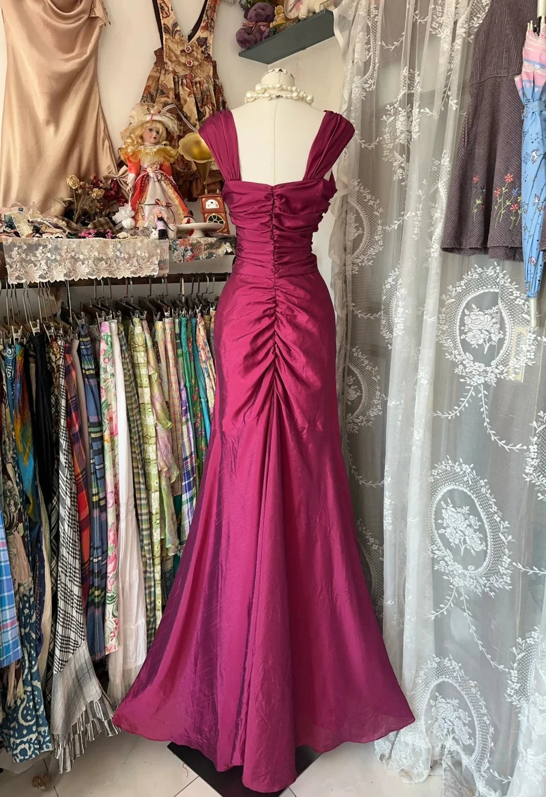 Glamorous Magenta Ruched Prom Dress with Asymmetrical Neckline, Mermaid Silhouette and Ruched Back