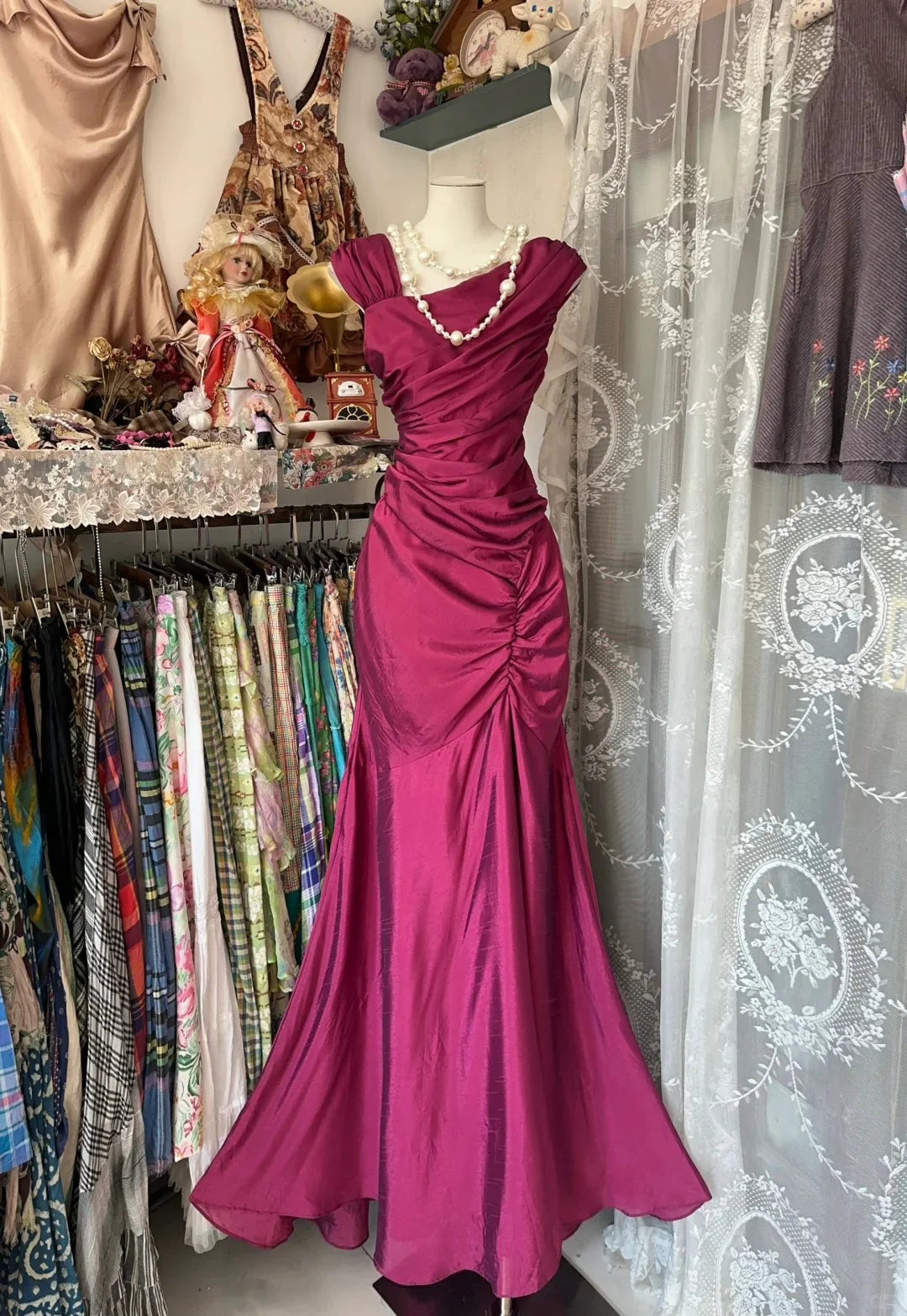 Glamorous Magenta Ruched Prom Dress with Asymmetrical Neckline, Mermaid Silhouette and Ruched Back