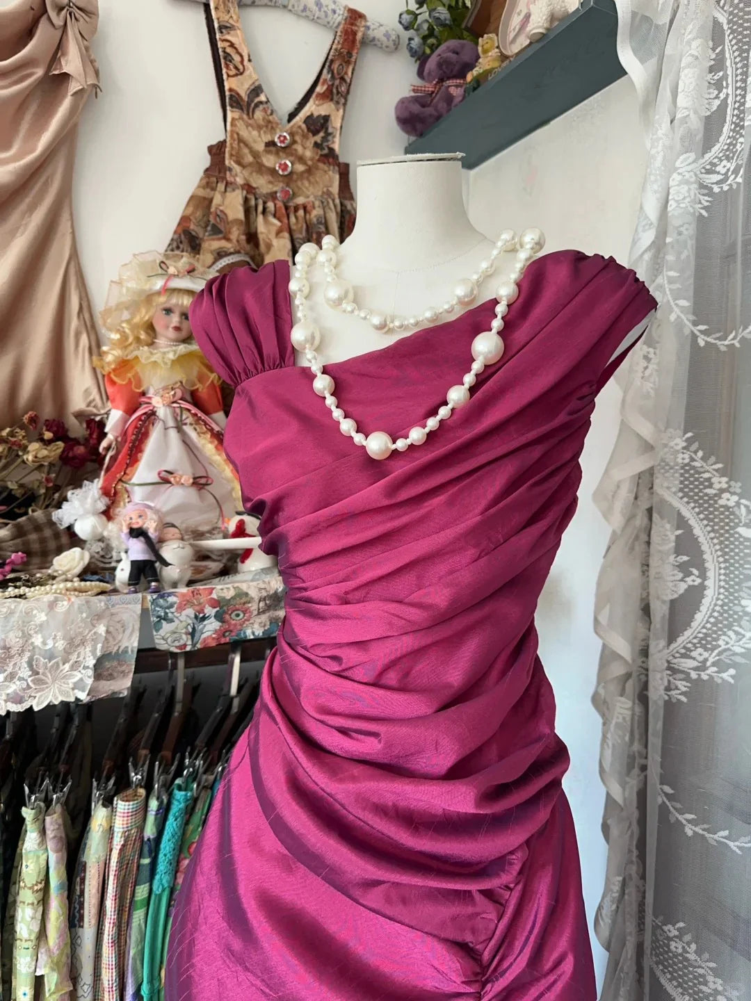 Glamorous Magenta Ruched Prom Dress with Asymmetrical Neckline, Mermaid Silhouette and Ruched Back