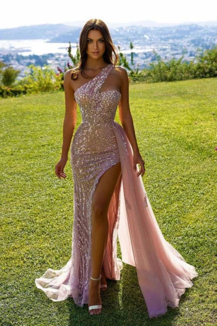 Glamorous Mermaid One-Shoulder Sequin Train-Back High-Slit Maxi Prom Dress