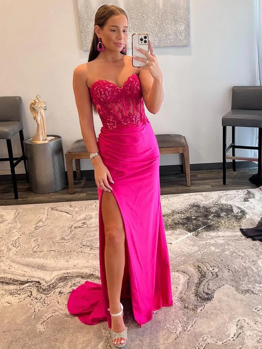 Glamorous Mermaid Strapless Sweetheart Embroidered High-Slit Train-Back Maxi Prom Dress