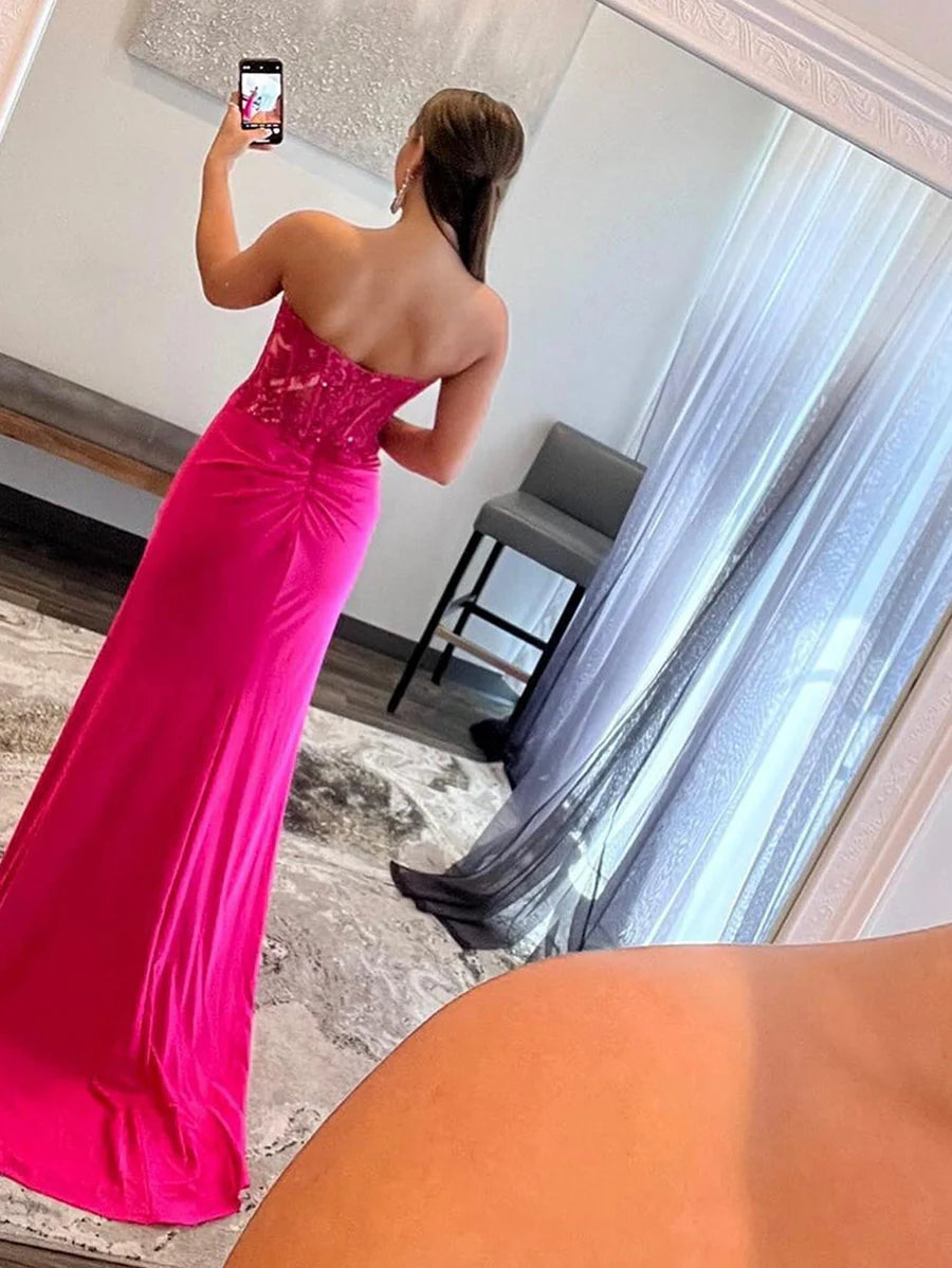 Glamorous Mermaid Strapless Sweetheart Embroidered High-Slit Train-Back Maxi Prom Dress