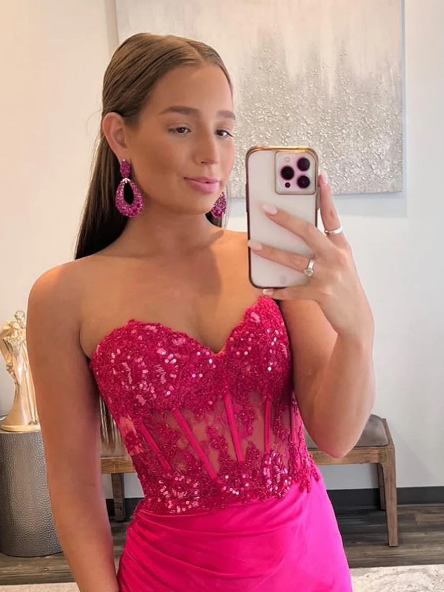 Glamorous Mermaid Strapless Sweetheart Embroidered High-Slit Train-Back Maxi Prom Dress