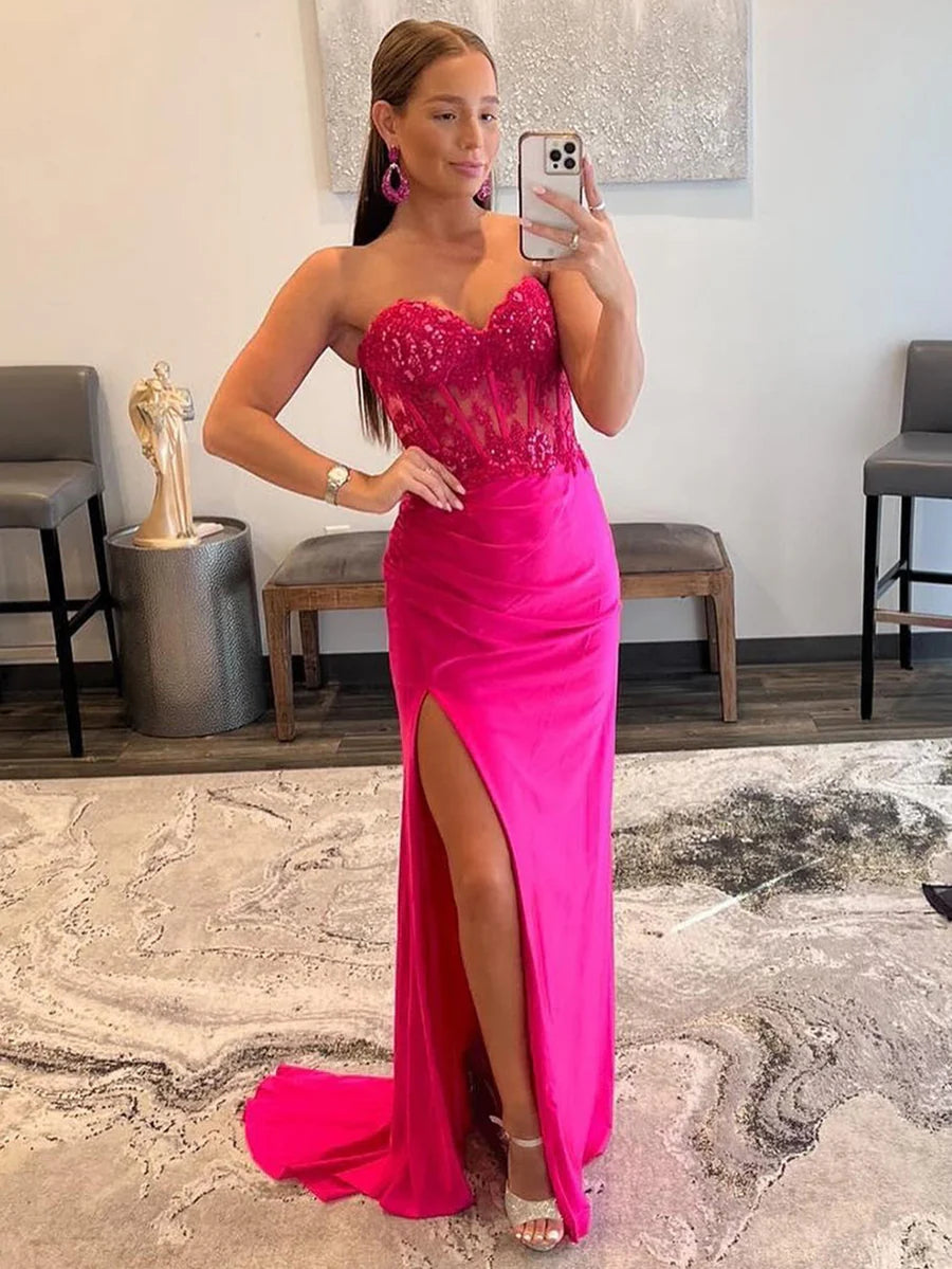 Glamorous Mermaid Strapless Sweetheart Embroidered High-Slit Train-Back Maxi Prom Dress