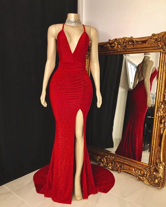 Glamorous Plunge V-Neck Red Glitter Mermaid Evening Dress with Spaghetti Straps & High Thigh Slit
