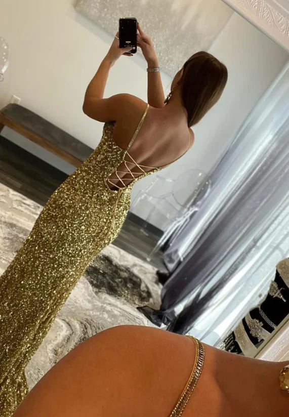Glamorous Plunging V-Neck Gold Sequin Evening Dress with Crisscross Lace-Up Open Back, High Thigh Slit & Body-Skimming Floor-Length Train
