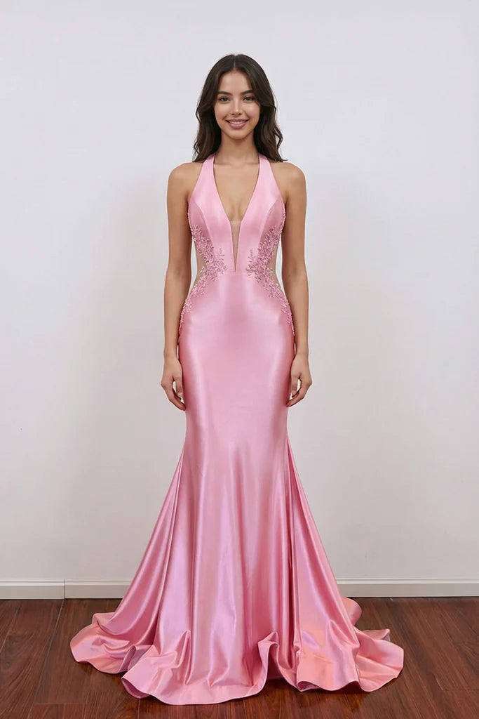 Glamorous Prom Dress with Halter Neckline, Lace Applique and Satin Mermaid Silhouette