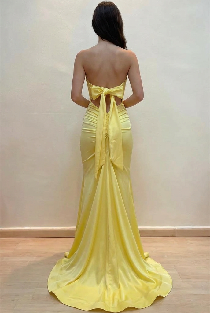 Glamorous Prom Dress with Strapless Neckline, Ruched Bodice and Back Bow Detail
