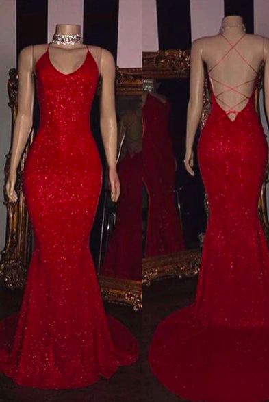 Glamorous Red Sequin Spaghetti Strap Crisscross Backless Mermaid Train Evening Dress for Formal Events