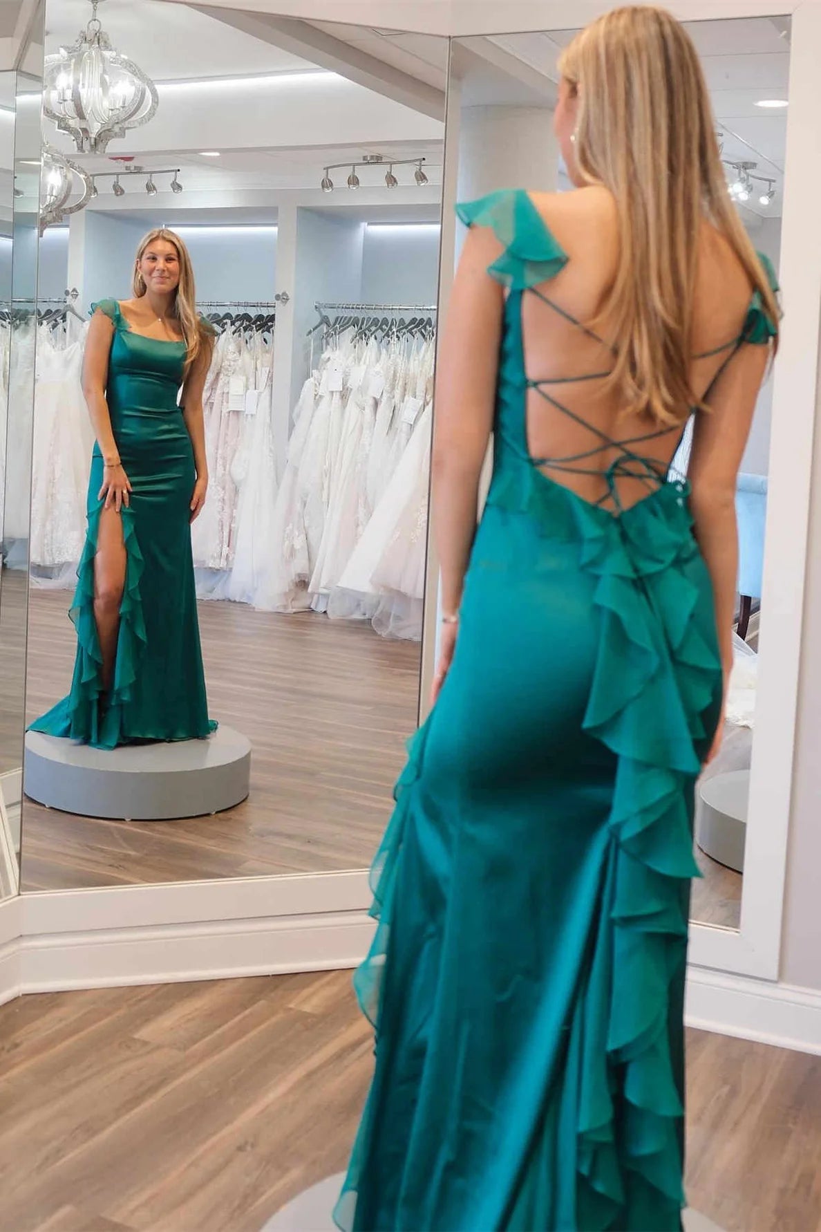 Glamorous Royal Blue Sequin-Embellished Spaghetti-Strap Ruched High-Slit Maxi Evening Dress